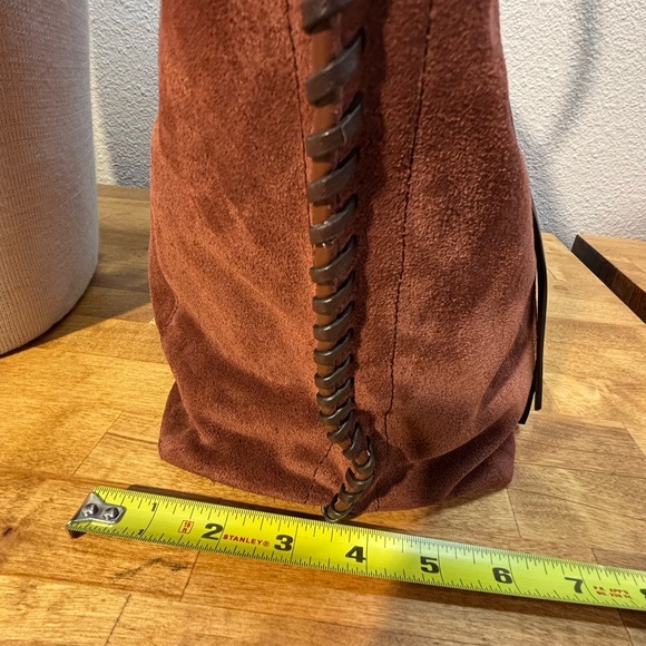 AllSaints Mori Suede Leather Tote Bag Brown Braided Handle Whipstitch - Picture 8 of 14